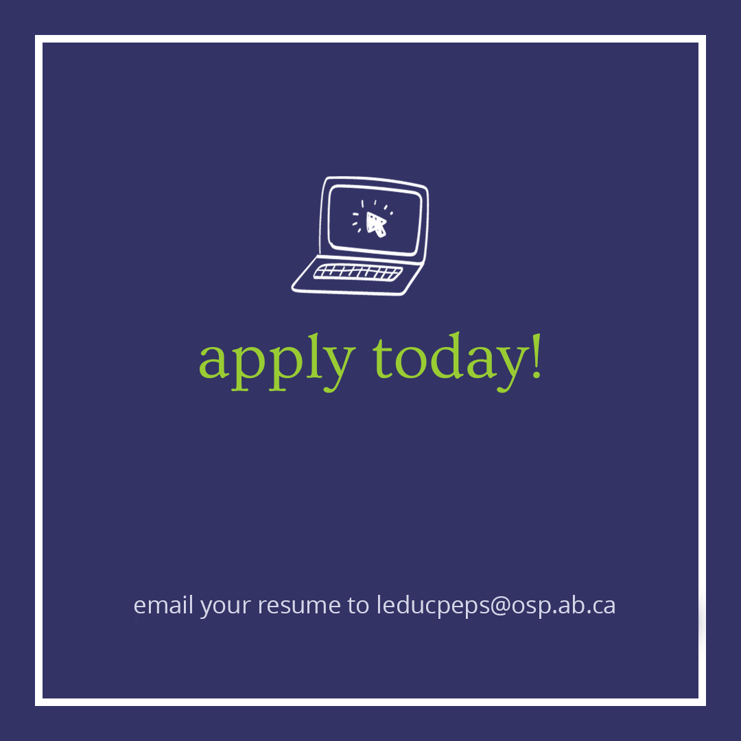 a purple square that says "apply today" in green letters with a white line drawing of a computer above it, and the words "email your resume to leducpeps@osp.ab.ca" 