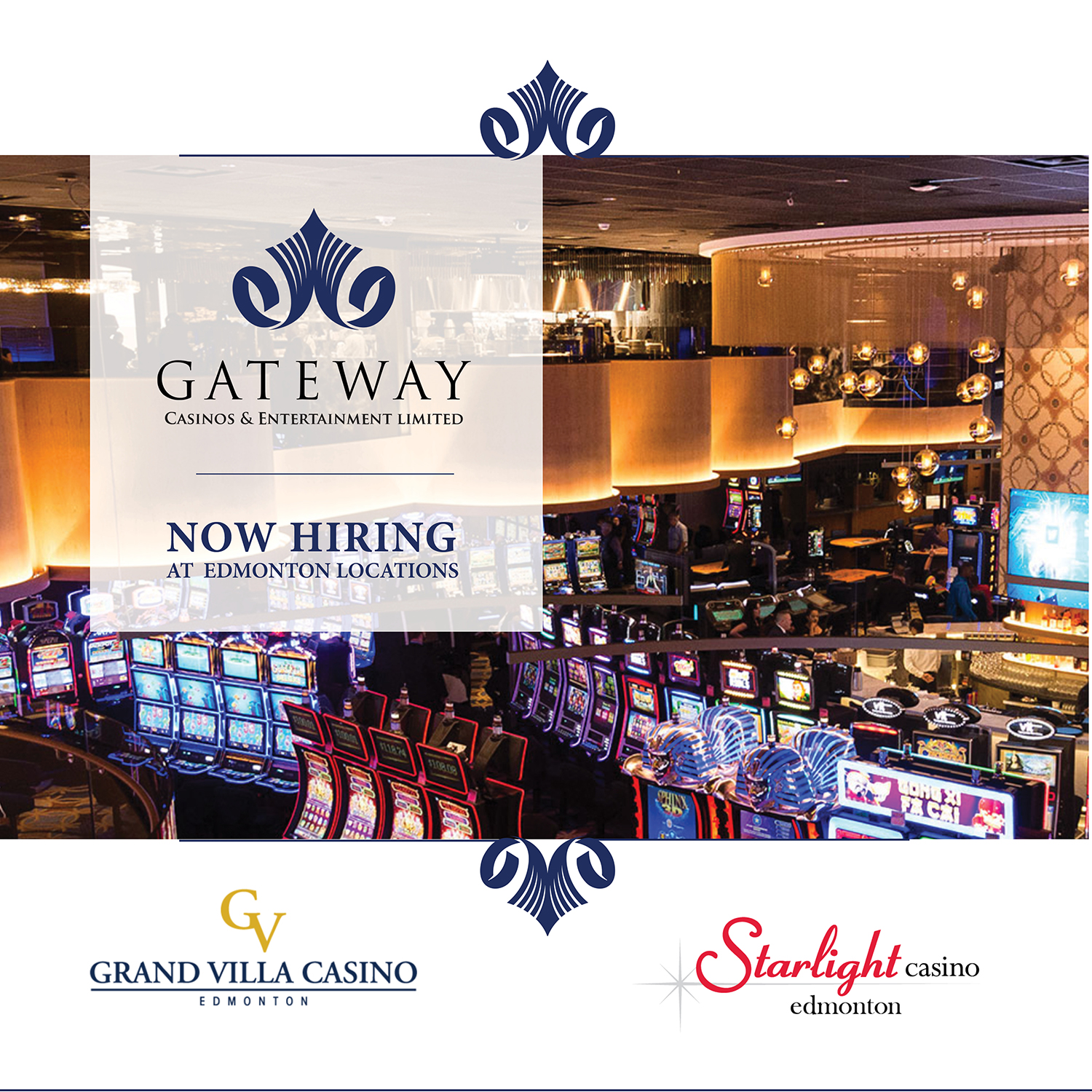 image of a casino with the gateway casino logo and the words "now hiring: Edmonton locations". Below the image are the logs of Starlight Casino and Grande Villa casino.