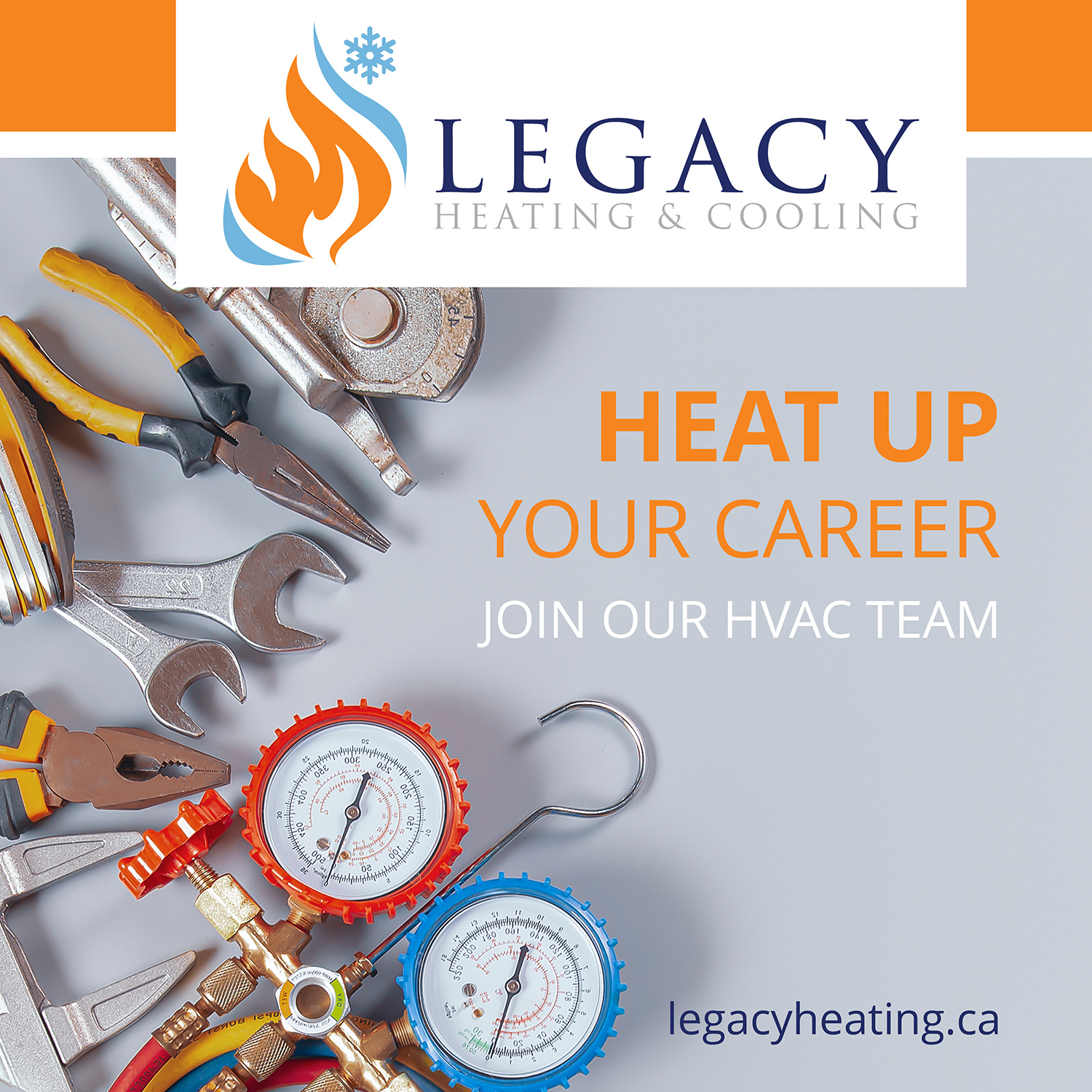 A bunch of tools such as wrenches, pliers and other tools used for HVAC professions, gathered in an arc with a tagline that says "Heat Up Your career: join our HVAC team"