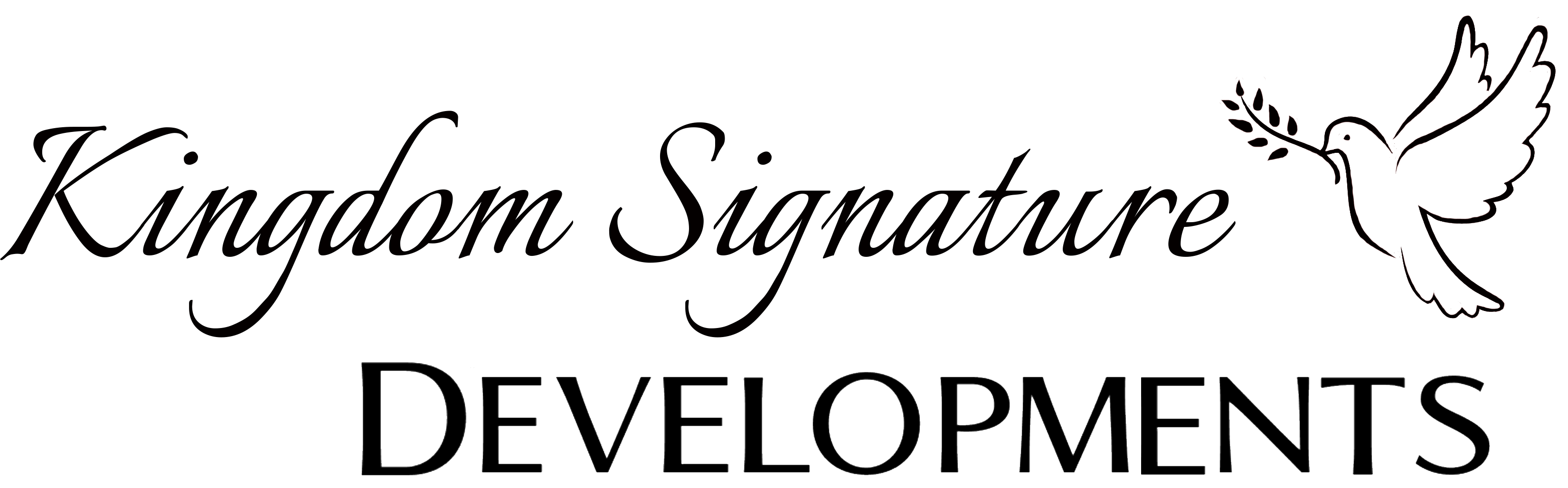 A black logo on a white background that says Kingdom Signature in script font, and the word developments below in a sans serif font and a line drawing of a dove with an  olive branch to the right of the words.